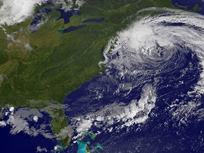 East satellite photo taken on Sept. 5, 2016 shows Tropical Storm Hermine off the northeastern U.S. coast. (HO/AFP/Getty Images)