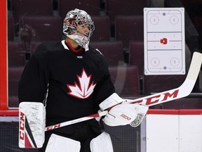 Team Canada's Carey Price takes part in practice in Ottawa on Monday, Sept. 5, 2016 in preparation for the World Cup of Hockey. (Sean Kilpatrick/The Canadian Press)