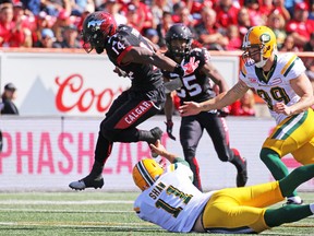 Stampeders running back Roy Finch runs for a touchdown against the Eskimos during Sunday's game in Calgary. (Gavin Young)