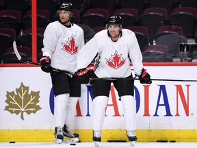 Team Canada's Steven Stamkos (left) and John Tavares practice in Ottawa on Monday, Sept. 5, 2016, in preparation for the World Cup of Hockey. (Sean Kilpatrick/The Canadian Press)