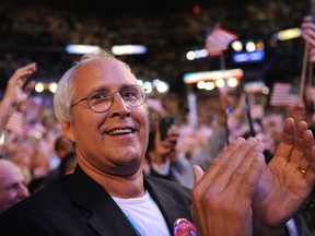 Actor Chevy Chase applauds the speech of former US president Bill Clinton on the floor of the Democratic National Convention 2008 at the Pepsi Center in Denver, Colorado, on August 27, 2008.  (ROBYN BECK/AFP/Getty Images)
