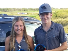 Cassidy Laidlaw (Bearspaw) and Reid Woodman (Blackhawk) show off their hardware after winning the titles at the 2016 McLennan Ross Junior Golf Tour Championship at Wolf Creek Resort. (Courtesy of McLennan Ross Junior Golf Tour)