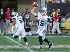 Argonauts quarterback Ricky Ray (15) throws during first half CFL action against the Tiger-Cats in Hamilton, Ont., on Monday, Sept. 5, 2016. (Peter Power/The Canadian Press)