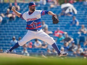 Eric Gagne pitches for the Ottawa Champions during a game against the Quebec Capitales at the Raymond Chabot Grant Thornton Park in Ottawa on Monday, Sept. 5, 2016. (Jason Ransom)