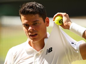 Milos Raonic of Canada looks on during the Men's Singles Final  against Andy Murray of Great Britain on day thirteen of the Wimbledon Lawn Tennis Championships at the All England Lawn Tennis and Croquet Club on July 10, 2016 in London, England.  (Clive Brunskill/Getty Images)