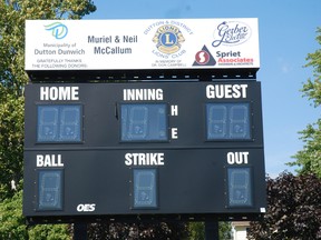 A new scoreboard bearing the name of major sponsors Muriel and Neil MCallum was installed recently at the Dutton ball diamond.