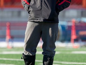 Coach John Hufnagel stands during a Calgary Stampeders practice at McMahon Stadium in Calgary, Alta., on Friday, Nov. 20, 2015. They would head to Edmonton to play the Eskimoes two days later in the CFL West Division final. Lyle Aspinall