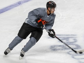 Team North America forward Johnny Gaudreau skates with the puck during practice at the Bell Centre in Montreal Tuesday, September 6, 2016. (Dave Sidaway/Postmedia Network)