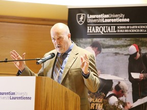 Dr. Harold Gibson, director of MERC and head of Metal Earth, speaks to the crowd after receiving a cheque for $49,269,000 in funding for the Metal Earth project initiative at Laurentian University  in Sudbury, Ont. on Tuesday September 6, 2016. Gino Donato/Sudbury Star/Postmedia Network