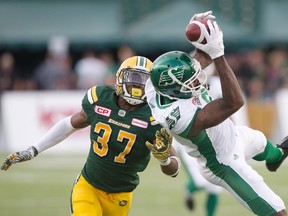 Kenny Ladler, shown here in action against the Roughriders in July, earned his first pick-six in the CFL against the Stampeders in Calgary on Monday. (The Canadian Press)
