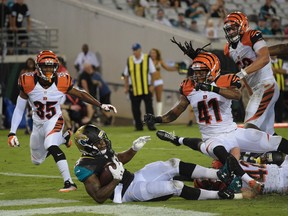 Jaguars running back Joe Banyard dives past Bengals defensive back Floyd Raven (41) and cornerback Corey Tindal (35) on a seven-yard touchdown run during NFL preseason action in Jacksonville, Fla., on Aug. 28, 2016. (Phelan M. Ebenhack/AP Photo)