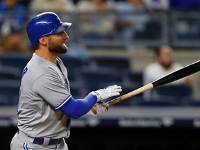 Toronto Blue Jays' Kevin Pillar watches a two-run double during the eighth inning of a baseball game against the New York Yankees on Sept. 6, 2016, in New York. (ADAM HUNGER/AP)