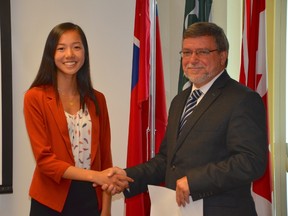 Katie Yao, a Grade 12 student at Lo-Ellen Park Secondary School, will serve as student trustee on the Rainbow District School Board for the 2016-2017 school year. She was sworn in at the board meeting on Tuesday, August 30, 2016. Director of Education Norm Blaseg administered the Oath of Allegiance. Supplied photo