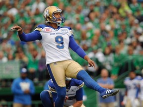 Justin Medlock went seven-for-eight in field goals on Sunday in Regina. (THE CANADIAN PRESS/Mark Taylor)