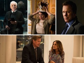 Clockwise from top: Anthony Hopkins in "Westworld,"  Claire Foy in "The Crown," Kiefer Sutherland in "Designated Survivor," and Thomas Haden Church & Sarah Jessica Parker in "Divorce."