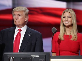 Republican presidential candidate Donald Trump and his daughter Ivanka Trump test the teleprompters and microphones on stage before the start of the fourth day of the Republican National Convention on July 21, 2016 at the Quicken Loans Arena in Cleveland, Ohio. Ivanka will introduce her father before he gives his acceptance speech tonight, the final night of the convention. (Photo by Chip Somodevilla/Getty Images)