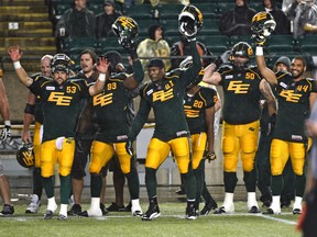 Edmonton Eskimos celebrate defeating the Calgary Stampeders 27-16 Sept. 12 last year in the Labour Day Replay at Commonwealth Stadium. (Ed Kaiser)