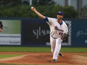 Ottawa Champions starter Austin Chrismon throws a pitch against the New Jersey Jackals in the Can-Am League playoff opener at RCGT Park. (Jean Levac, Postmedia Network)