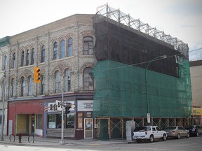 Scaffolding is seen around the Fortune Block in Winnipeg.