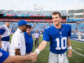 Eli Manning of the New York Giants shakes the hand of head coach Rex Ryan of the Buffalo Bills after the game on August 20, 2016 at New Era Field in Orchard Park, New York. Buffalo defeats New York 21-0. (Photo by Brett Carlsen/Getty Images)