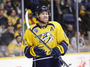 In this Feb. 15, 2016 file photo, Nashville Predators forward Mike Fisher plays against the Dallas Stars in Nashville, Tenn. (AP Photo/Mark Humphrey, File)