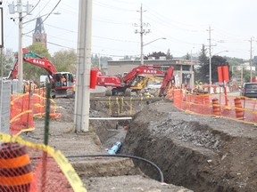 Jason Miller/The Intelligencer
Excavation crews continue watermain upgrades along Dundas Street West, near Mary Street on Thursday. City construction projects appear to be on schedule and are expected to be done as originally planned.