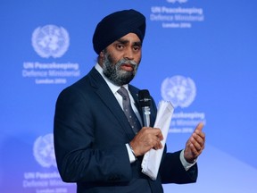 Minister of National Defence Harjit Sajjan speaks during the UN Peacekeeping Defence Ministerial meeting at Lancaster House, in London on Thursday Sept. 8, 2016. THE CANADIAN PRESS/AP-PA, Stefan Rousseau