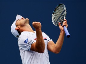 Andy Roddick of the United States celebrates a point during his men's singles third round match against Fabio Fognini of Italy on Day Seven of the 2012 U.S. Open. (Photo by Alex Trautwig/Getty Images)