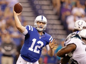 Colts quarterback Andrew Luck throws against the Eagles during NFL preseason action in Indianapolis on Aug. 27, 2016. The Colts host the Lions in Indianapolis on Sunday. (Darron Cummings/AP Photo)
