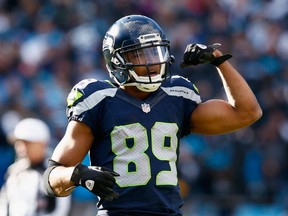 Doug Baldwin of the Seattle Seahawks reacts during the NFC Divisional Playoff Game against the Carolina Panthers at Bank of America Stadium on January 17, 2016 in Charlotte, North Carolina. (Jamie Squire/Getty Images)