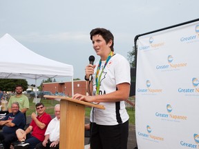 Napanee’s Britt Benn, an Olympic rugby bronze medallist, addresses the crowd at a reception for Benn at Napanee District Secondary School on Wednesday night. (Meghan Balogh/Postmedia Network)