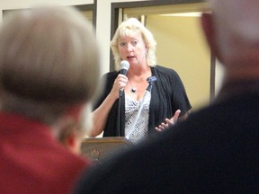 Sarnia-Lambton MP Marilyn Gladu speaks at an electoral reform town hall in Sarnia Thursday. About 40 people attended. (Tyler Kula/Sarnia Observer)