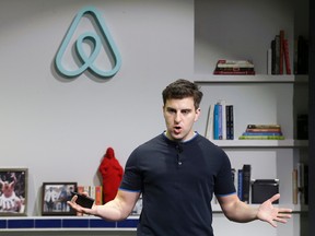In this April 19, 2016 file photo, Airbnb co-founder and CEO Brian Chesky speaks during an announcement in San Francisco. Airbnb on Thursday, Sept. 8 apologized for its slow response to accusations of racism and outlined new policies to combat the problem, including reducing the prominence of photos in the booking process. "We have been slow to address these problems, and for this I am sorry," said Chesky in a message published on the vacation rental website's blog. (AP Photo/Jeff Chiu, File)