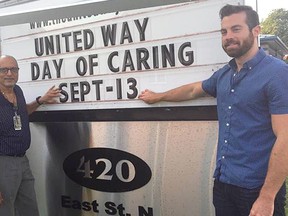 The United Way of Sarnia-Lambton Day of Caring will take place on Tuesday, Sept. 13. Shown are two United Way loaned representatives, Bert Thakkar from Imperial, and Mark Vander Vies from the Ministry of Community and Social Services. Both are on loan from their employers to assist with the 2016 United Way campaign, which helps keep administration costs very low in Sarnia-Lambton.  The United Way campaign goal this year is $2 million, equal to last year’s achievement. United Way photo