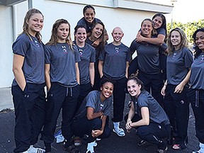Tia Svoboda of Belleville, far left, with the Canadian U18 women's Sevens rugby team in Vichy, France where they're competing in the European Championships. (Rugby Canada photo)