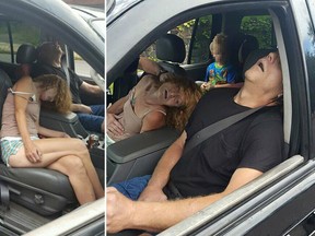 These photos posted on the City of East Liverpool, Ohio, Facebook account show two people passed out in the front of a Ford Explorer, with a four-year-old child in the backseat. (City of East Liverpool, Ohio/HO)