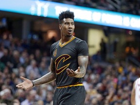 In this March 29, 2016, file photo, Cleveland Cavaliers’ Iman Shumpert reacts after getting called for a foul against the Houston Rockets in Cleveland. (AP Photo/Tony Dejak, File)