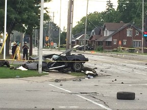 Two people were killed and three sent to hospital after a collision between this car and another at the intersection of Highbury Ave and Dundas St in London, Ont. on Thursday September 8, 2016. (DEREK RUTTAN, The London Free Press)
