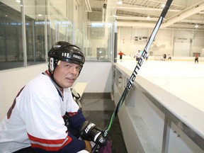 Jason Miller/The Intelligencer
Andre Lortie enjoys a afternoon game of pickup hockey Friday with friends at the Quinte Sports and Wellness Centre.