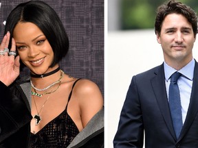 Rihanna and Justin Trudeau. (Photo by Dimitrios Kambouris/Getty Images for FENTY PUMA and STEPHANE DE SAKUTIN/AFP/Getty Images )
