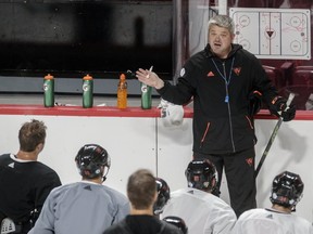 Head coach Todd McLellan of Team North America for the 2016 World Cup of Hockey speaks to his players during a team practice session at the Bell Centre in Montreal on Wednesday, September 7, 2016. (Dario Ayala / Montreal Gazette)