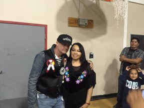 Tragically Hip frontman Gord Downie, left, poses for a photo with Manitoba Keewatinowi Okimakanak Grand Chief Sheila North Wilson in the Marten Falls First Nation, in northern Ontario, in this September 8, 2016, handout photo. Downie visited the northern Ontario First Nation to commemorate a new solo project, comprised of an album, graphic novel, and animated film, based on the story of 12-year-old Chanie Wenjack, who died in 1966 after running away from the Cecilia Jeffrey Indian Residential School, near Kenora, Ontario.