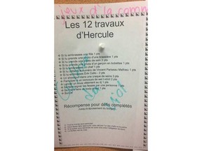 List of tasks students were told to complete at a Université du Québec en Outaouais club party.