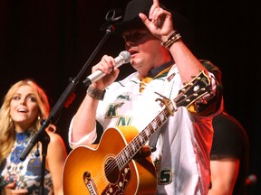 Gord Bamford performs his hit Is it Friday Yet at the outdoor stage on Talbot Street as part of the CCMA festivities on Friday night. (MIKE HENSEN, The London Free Press)