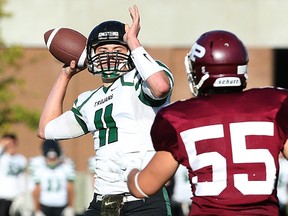 Vincent Massey Trojans QB Andreas Dueck passes against the St. Paul's Crusaders during football action at St. Paul's High School. (KEVIN KING/Winnipeg Sun)
