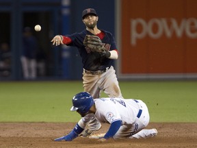 Boston Red Sox second baseman Dustin Pedroia, top, throws over a sliding Toronto Blue Jays right fielder Jose Bautista for a double play during third inning American League MLB baseball action in Toronto on Friday, September 9, 2016. (THE CANADIAN PRESS/Peter Power)