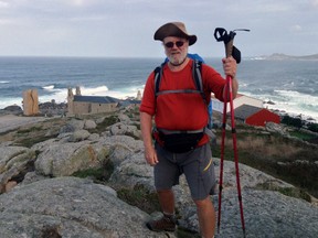 Retired Fanshawe College instructor Terry Vinet poses for a photo after his 920- km hike from the the French village of Saint-Jean-Pied-de-Port to Santiago de Compostela, Spain in 2013. Vinet is attempting another 1,000-km trek through the west part of Spain beginning next week.