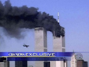 UNDATED -- Undated handout photo from CBSNEWS 9/11 -- In this image from CBS News' coverage of the Sept. 11 attacks, exclusive video shows the highjacked airliner bearing in on the second of the two World Trade Center towers to be hit. HANDOUT PHOTO: Frame Grab/CBS ©2001 CBS Worldwide Inc. For Alex Strachan (Postmedia News).