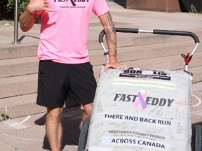 Edward Dostaler, also known as Fast Eddy, stopped in Edmonton on Sept. 9, 2016, for the second time on his there-and-back cross-Canada run. Fast Eddy is running 27,000 kilometres across Canada and back solo to raise funds and awareness for cancer and Alzheimer's disease research and treatment.