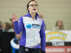 Skip Kelsey Rocque of Edmonton. Grand Slam of Curling's Champions Cup women's quarterfinals at the Sherwood Park Arena in Sherwood Park on April 30, 2016.